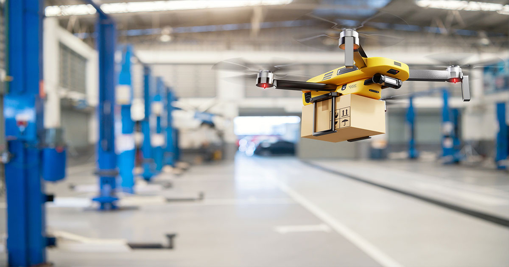 drone-delivering-package-in-warehouse