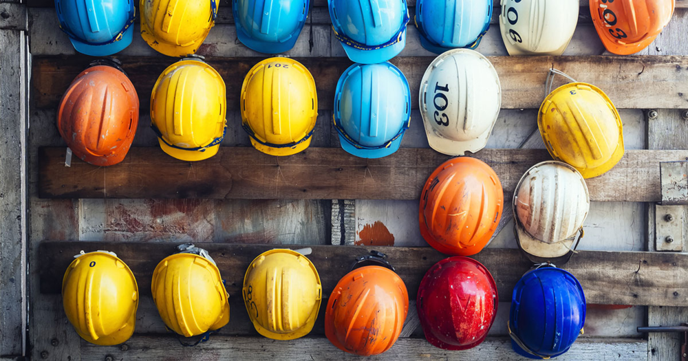 Rows of construction safety hard hats sitting on a pallet.