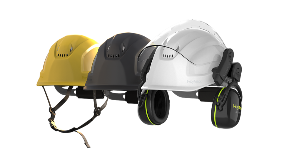 A line up of three different hardhats from Baseline Equipment Company.