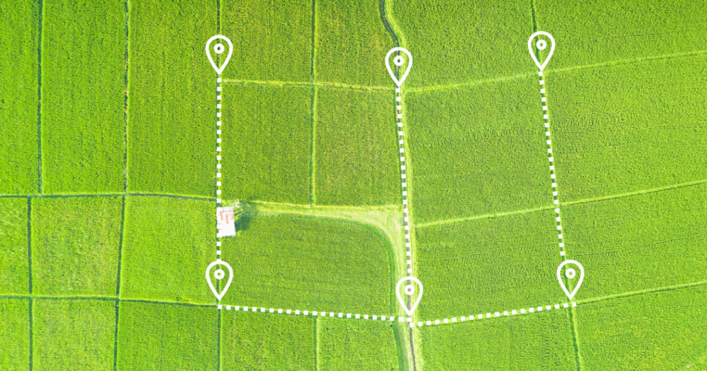 Several plots of land marked with GPS markers using RTK land surveying equipment from Baseline Company.