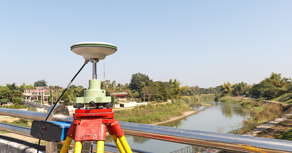 A GPS land surveying equipment being used in a waterway.