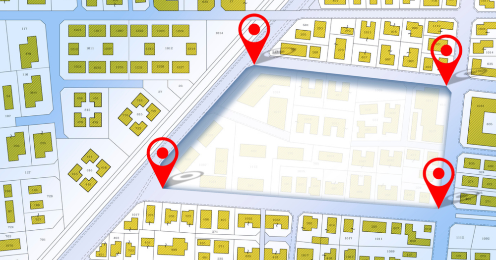 A subdivision map with red markers made from a GPS land survey.